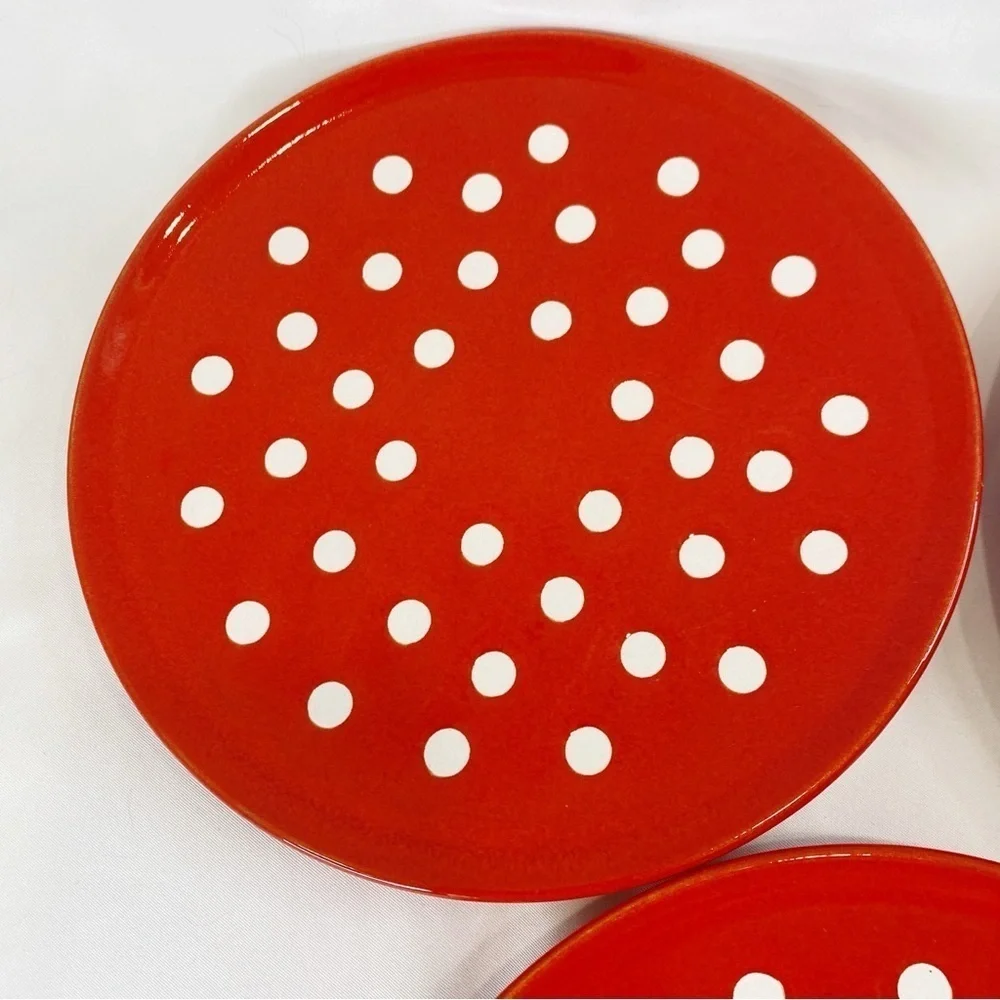 4 Waechtersbach 7 5/8” Salad Plates Vintage W Germany Polka Dots Red White HTF